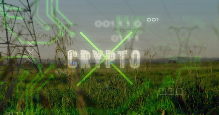 Showing digital overlay with CRYPTO text and binary digits floating above green meadow, with pylons. Futuristic, eco-friendly, technology, data visualization, renewable, energy, abstractの写真素材
