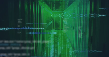 Server racks streaming binary code in data center, with holographic blocks and waveform visuals....