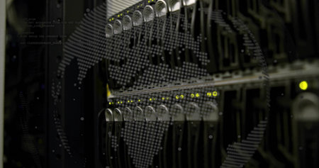 Displaying data center rack holding glowing hard drive bays in server room, with world map overlay....