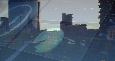 Showing circular holographic graphs and grid on rooftop overlooking city skyline at dusk with park. Technology, innovation, urban, futurism, data, analytics, skylineの写真素材