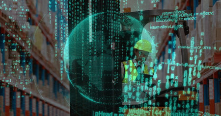 Worker wearing vest scanning tablet in storage aisle, with wireframe globe code overlay, copy space. Logistics, automation, technology, industrial, inventory, supply chain, dataの写真素材