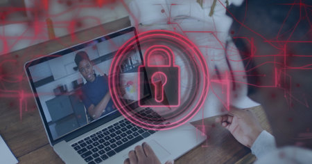 Watching presenter pointing at chart on laptop screen in home office holding card with padlock icon....