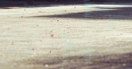 Hovering green code lines and red symbols drifting above outdoor courtyard pavement under sunlight....
