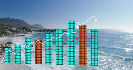 Displaying turquoise and rust bar chart on coastal shoreline, with white and magenta lines....