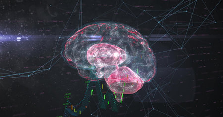 Floating holographic brain model glowing against dark grid, with network mesh and financial charts....