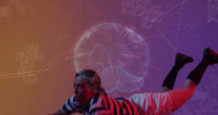 Floating athlete wearing striped top and cleats across hex grid gradient, with 3D brain network....