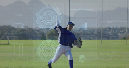 Throwing baseball player in blue white uniform on field, with baseball glove and data overlays....
