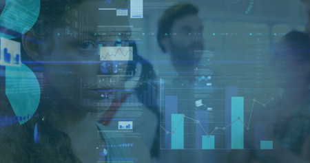 Gazing woman in blazer with headset viewing floating charts via glass panel in office, copy space....