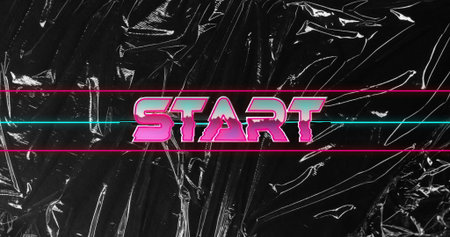 Displaying retro neon text START on crinkled black vinyl backdrop, with pink and cyan lines....