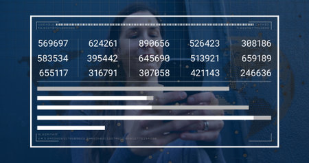 Holding smartphone and viewing digital data panel overlay against blue wall in denim jacket....