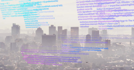 Displaying smoggy skyline of high-rise buildings from rooftop, with floating blue and purple code....