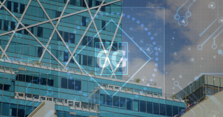 High-rise glass facade glowing with digital 6G interface in city, with steel supports and planters....