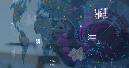 Displaying semi-transparent world map floating over office desk, with hexagonal grids and reticles....