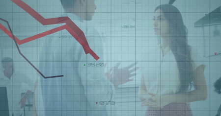 Discussing woman and man sharing financial insights in office meeting with glass partition overlay....