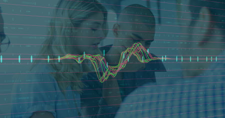 Man in dark shirt and woman in light blouse discussing financial chart with candlesticks in office....
