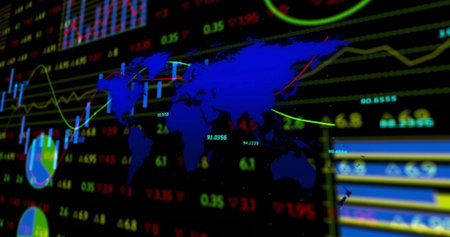 Displaying blue world map silhouette overlaying market data on dashboard, with colored line graphs. Technology, analytics, finance, visualization, digital, abstract, data-drivenの写真素材