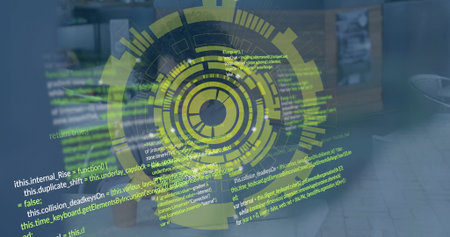 Displaying green HUD interface hovering above desk in office workspace, with overlaid code snippets....