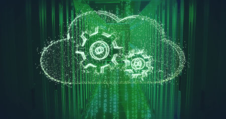 Floating holographic cloud icon displaying two gear icons inside server racks with binary streams....