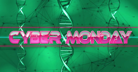 Showing neon CYBER MONDAY banner floating in online scene, with DNA helices, network mesh and bars....