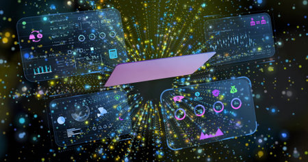 Floating purple laptop outline in digital field, showing four holographic data panels and particles....