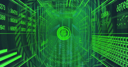 Streaming data tunnel extending through green corridor, with holographic displays and digit streams. Futuristic, cybernetic, abstract, digital, immersive, neon, virtualの写真素材