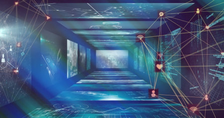 Extending 3D digital corridor showcasing data tunnel in virtual network, with holographic screens....