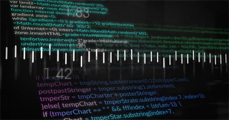 Displaying audio waveform bars overlaying code interface at dark display, with digital clock....