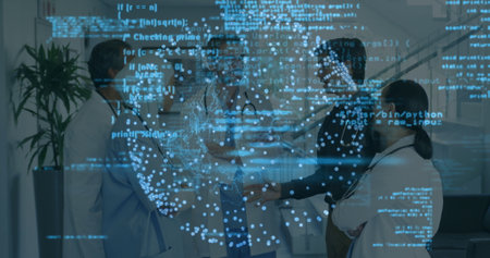 Shaking hands head surgeon and tech consultant meeting in hospital corridor, with code overlay....