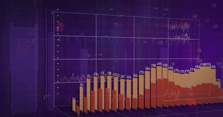3D bar chart displaying line graph and labels in digital dashboard, with semi-transparent cuboid. Data, analytics, visualization, technology, interface, digital, futuristicの写真素材