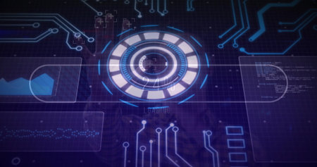 Displaying central circular loading interface with segmented rings at control hub with data panels....