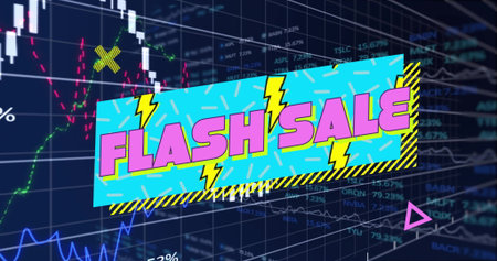 Showing blue FLASH SALE banner on dashboard, featuring candlestick charts and stock ticker symbols. Digital, marketing, vibrant, technology, finance, analytics, colorfulの写真素材
