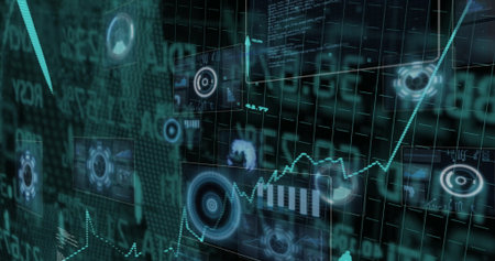Displaying data overlays on control monitor, with teal line graph, HUD elements and code overlays....