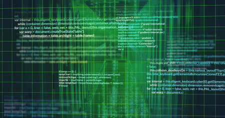 Displaying programming code overlay floating across digital grid interface, with loop constructs....