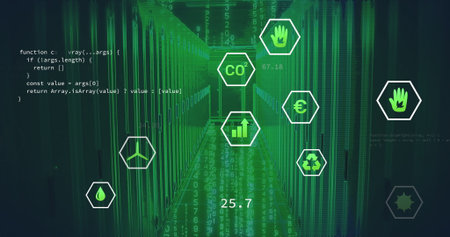 Bathing server rack aisle in data center, with green data streams, code overlays, hexagonal icons. Technology, data, digital, cybersecurity, futuristic, innovation, environmentの写真素材