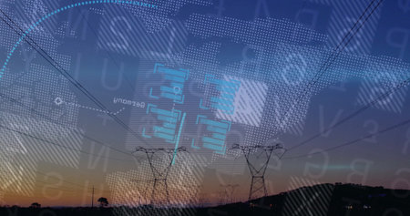 Displaying high-voltage transmission towers lining dusk horizon, with power lines and data overlays....