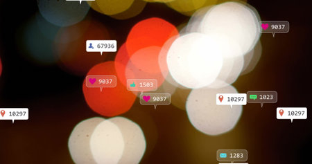 Displaying heart thumbs-up follower icons over urban bokeh background, with numeric counters. Digital, vibrancy, modern, interface, connectivity, technology, energeticの写真素材