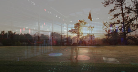 Standing golfer in polo and cap on putting green at dusk, with flagstick and chart overlays. Business, finance, technology, innovation, investment, analytics, digitalの写真素材