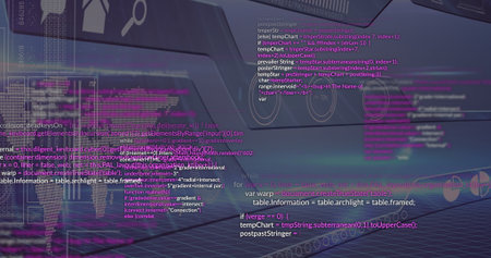 Displaying programming code and UI icons floating across virtual workspace, with glowing grid floor....