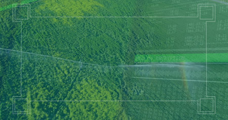 Displaying forest canopy hovering above terrain with markers diagonal line data grid encryption bar....
