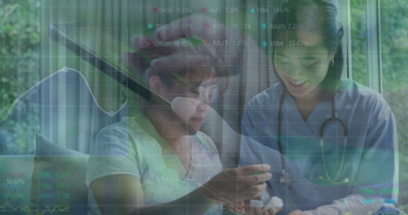 Holding medication bottle, woman receiving dosage help from scrub nurse at home, with chart overlay....