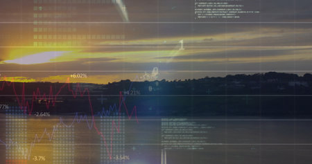 Digital financial overlay showing line charts, percentage labels and grid over lakeshore at dusk. Urban, serene, reflective, futuristic, data visualization, technological, outdoorの写真素材