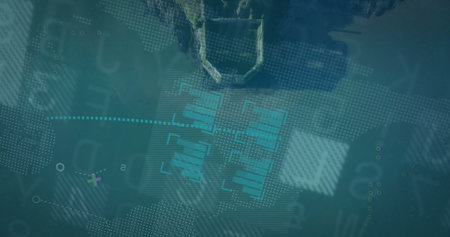 Displaying metal frame floating over teal interface, with dotted world map and turquoise bar charts. Futuristic, digital, data, visualization, analytics, technology, innovationの写真素材