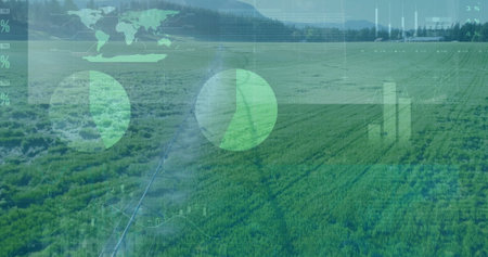 Showing metal irrigation pivot arm stretching diagonally across crop field, with digital overlays. Agriculture, technology, data visualization, precision farming, aerial, landscape, innovationの写真素材