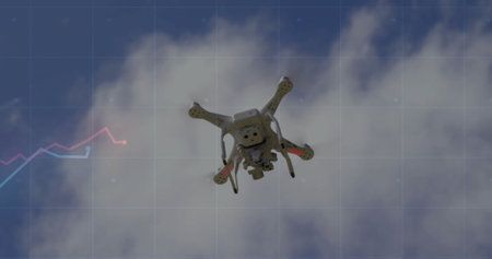 Hovering white quadcopter drone flying in cloudy sky, with grid overlay and colored chart segments....