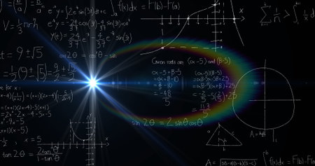 Bright light burst emitting rainbow lens flare on chalkboard surface, with integrals and graphs. Mathematics, science, education, diagram, visualization, creativity, conceptualの写真素材