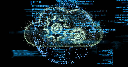 Glowing cloud icon streaming data particles on black canvas, with gear outlines and code snippets....