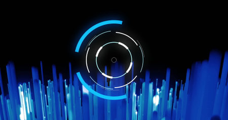Displaying concentric rings and arcs on digital black background, with glowing vertical bars....