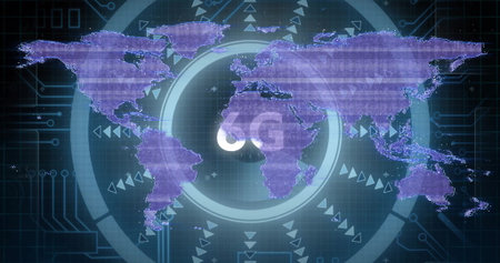 Showing purple world map over circular HUD on network interface glowing 5G, arrows, circuit traces....