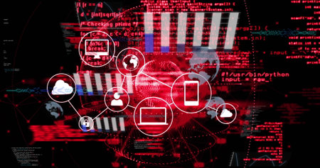 Linking cloud user globe padlock laptop or smartphone icons on digital interface, charts and graphs. Technology, cybersecurity, data analytics, digital, network, innovation, visualizationの写真素材