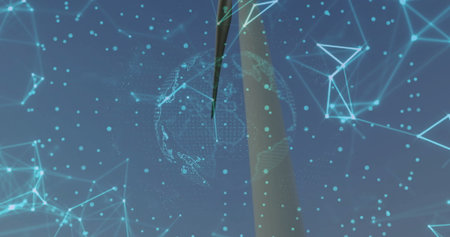 Showing wind turbine with blade at wind farm, with globe network lines and nodes, copy space....